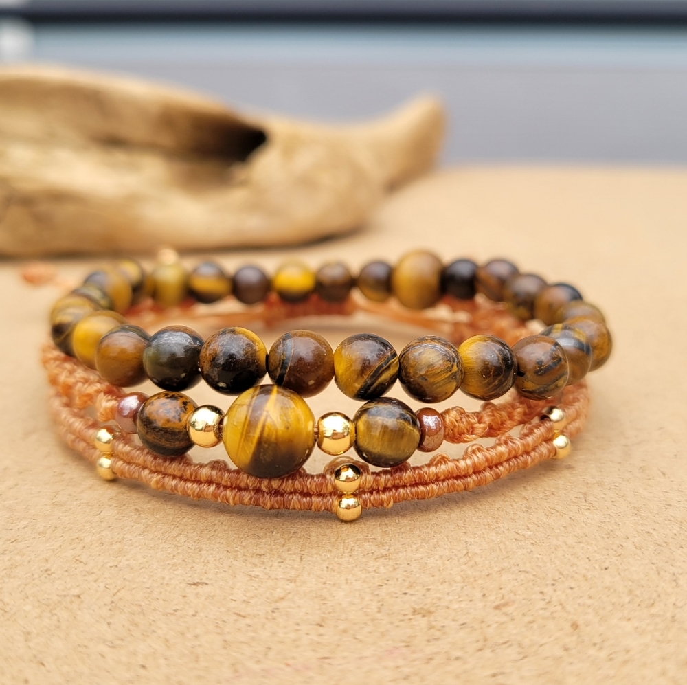 Handmade Natural Tiger Eye Stone Bracelet Set Of 3 - Picture 3 of 4